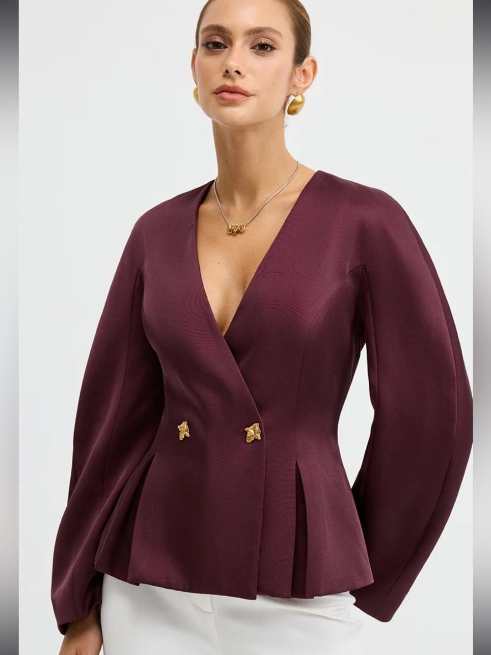 Commense Plum Peplum Blazer Top with Gold Buttons